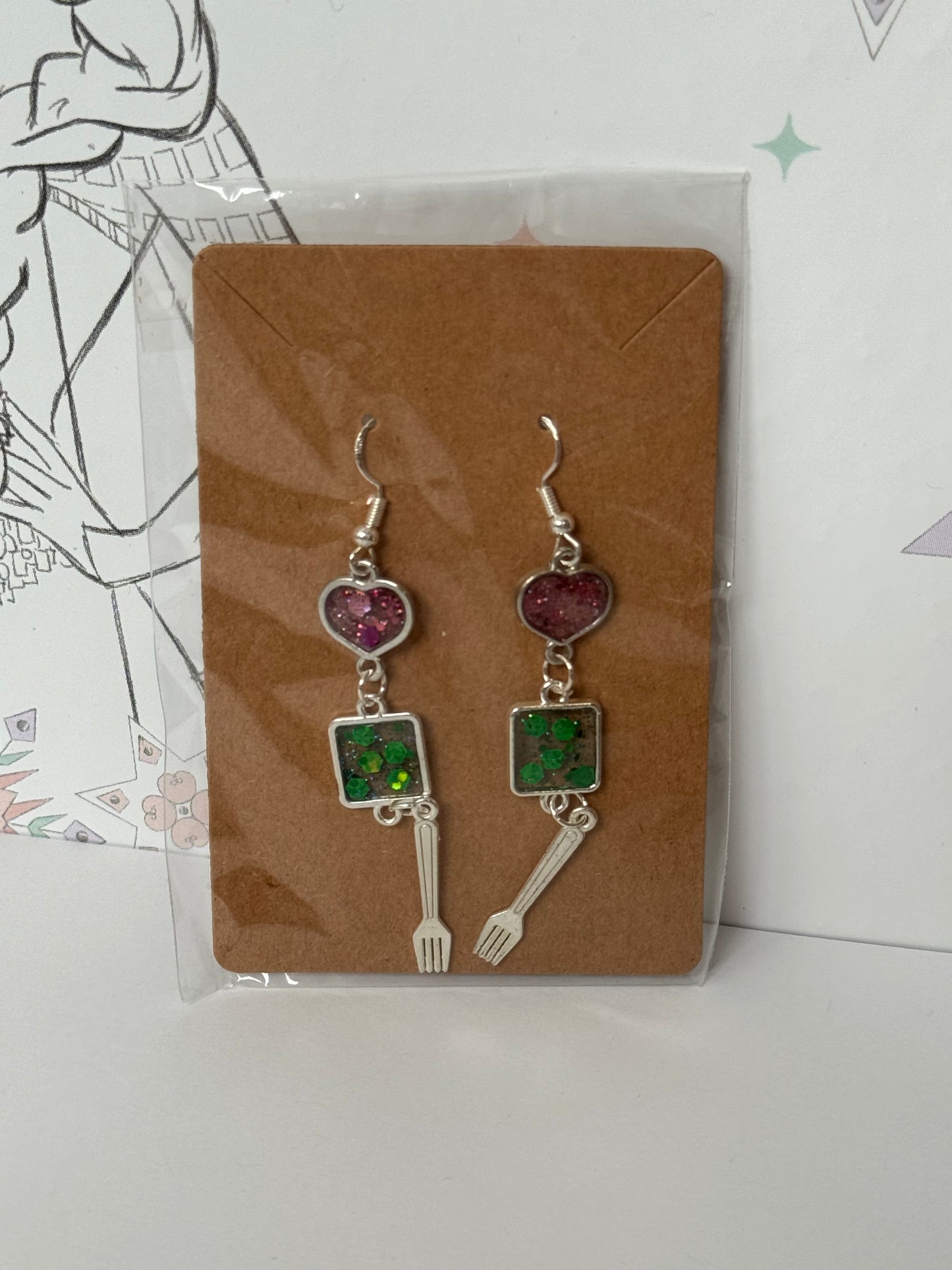 Pair of earrings with green and purple glitter resin and fork inspired by the little mermaid princess inspired