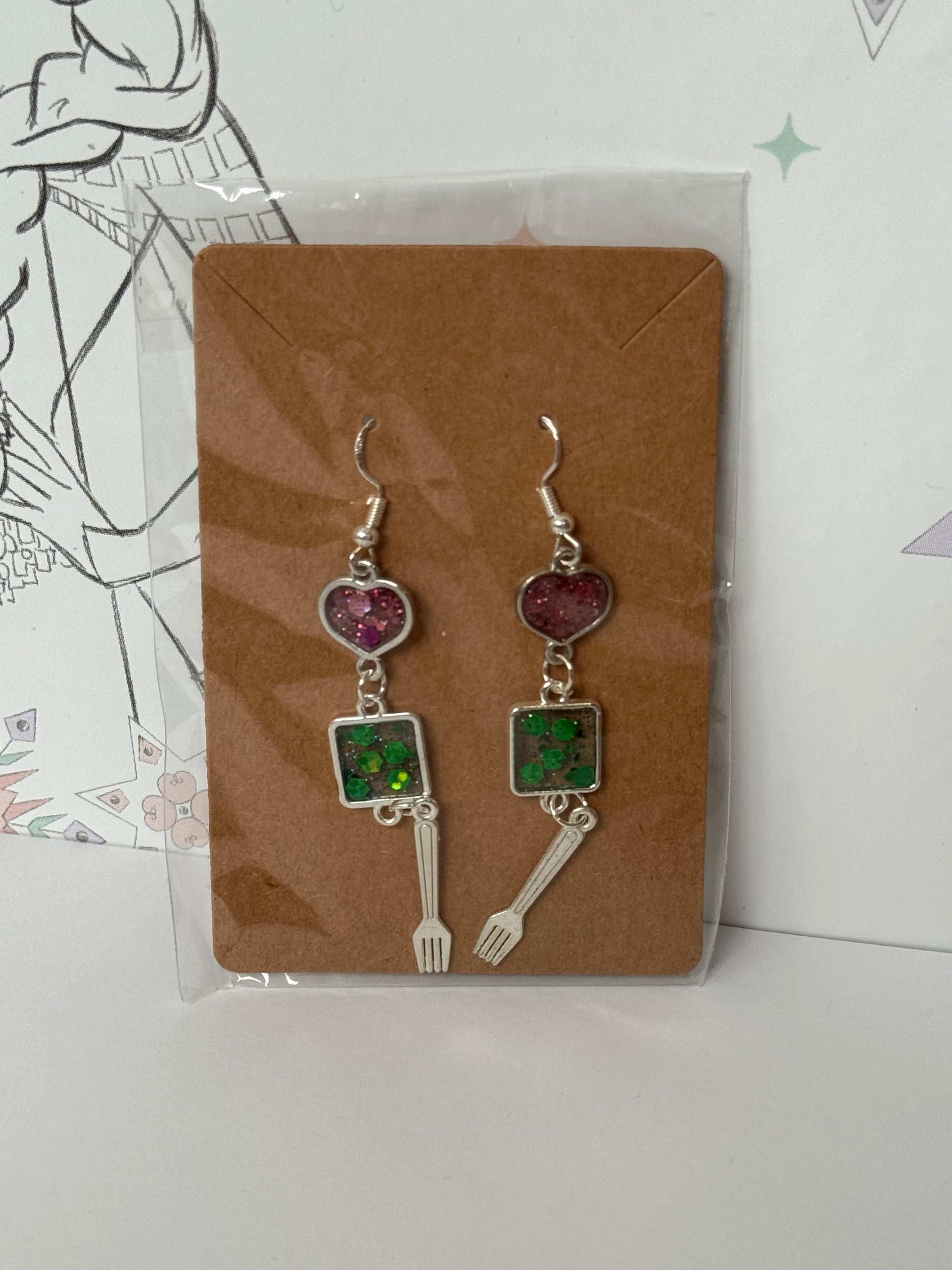 Pair of earrings with green and purple glitter resin and fork inspired by the little mermaid princess inspired