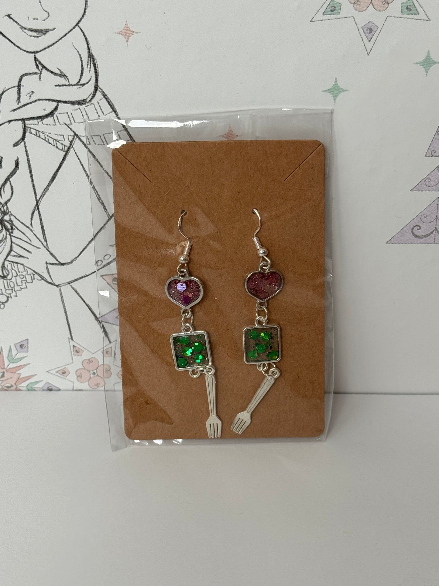 Pair of earrings with green and purple glitter resin and fork inspired by the little mermaid princess inspired