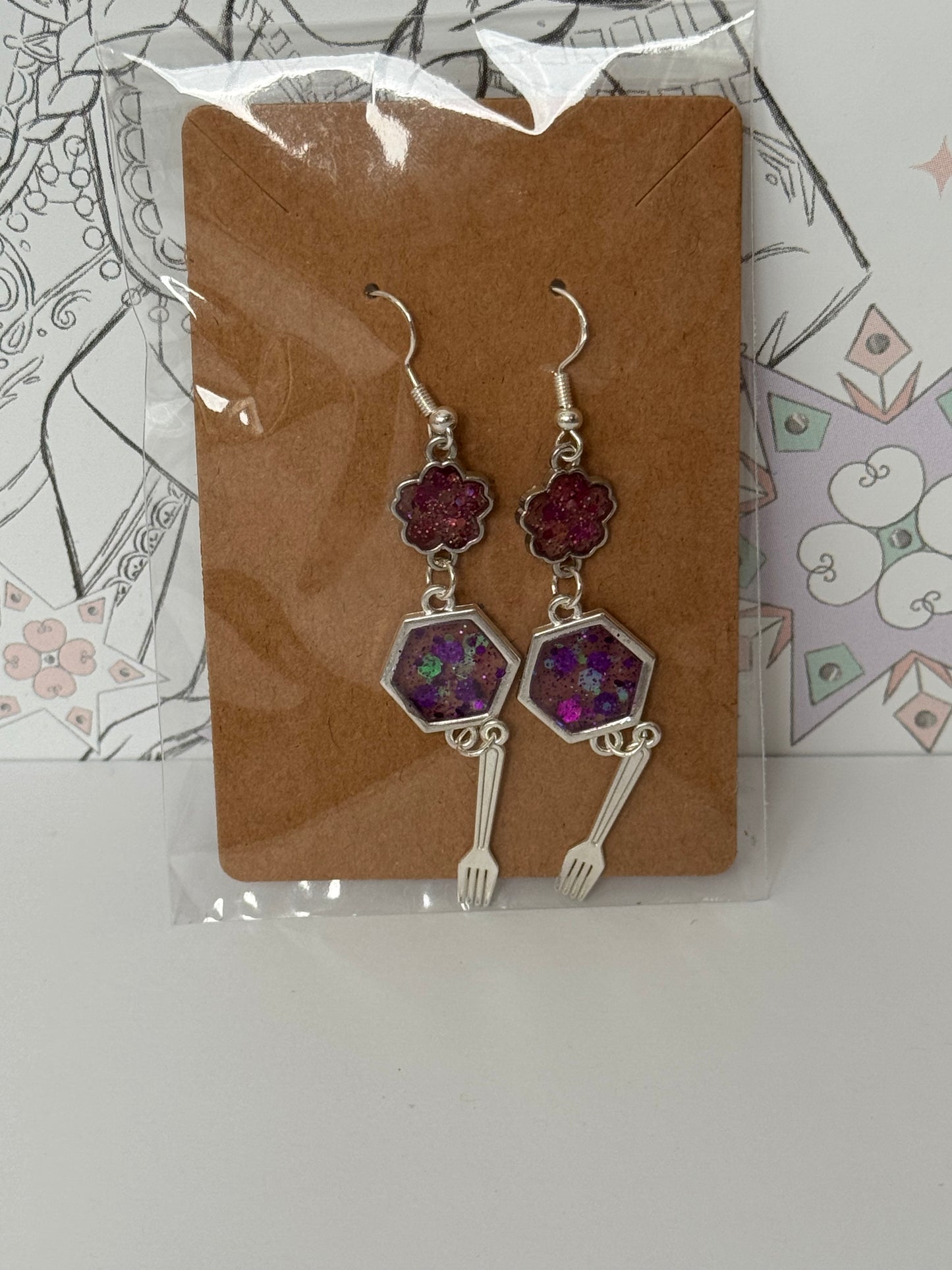 Pair of earrings with red and purple glitter resin and fork inspired by the little mermaid princess inspired