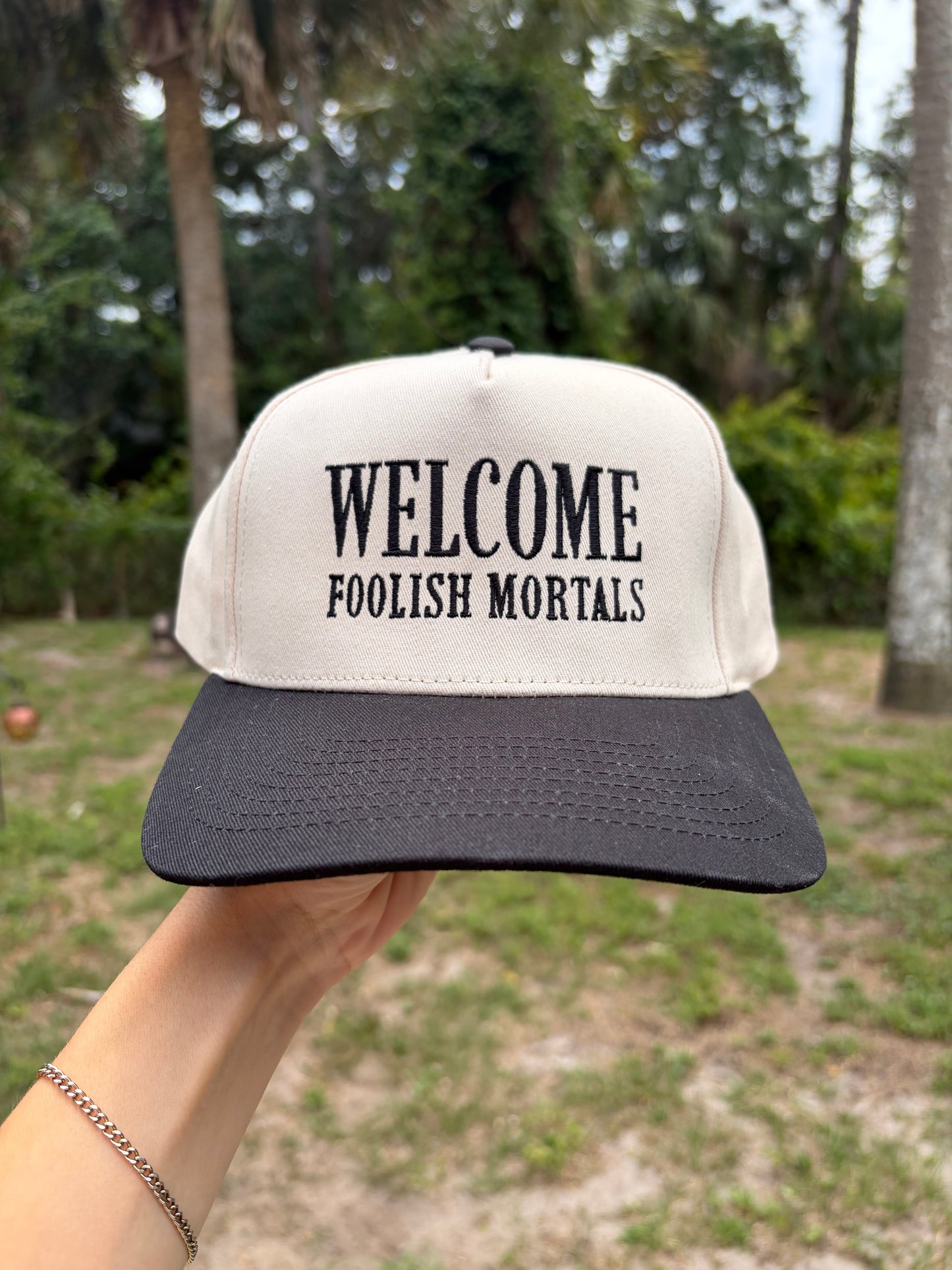 Welcome Foolish Mortals Hat – Embroidered Park-Inspired Baseball Cap
