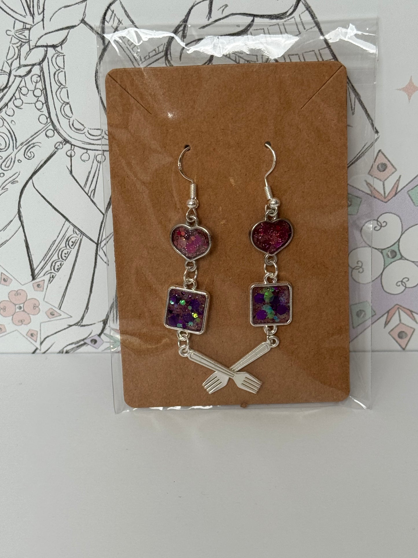 Pair of earrings with red and purple glitter resin and fork inspired by the little mermaid princess inspired